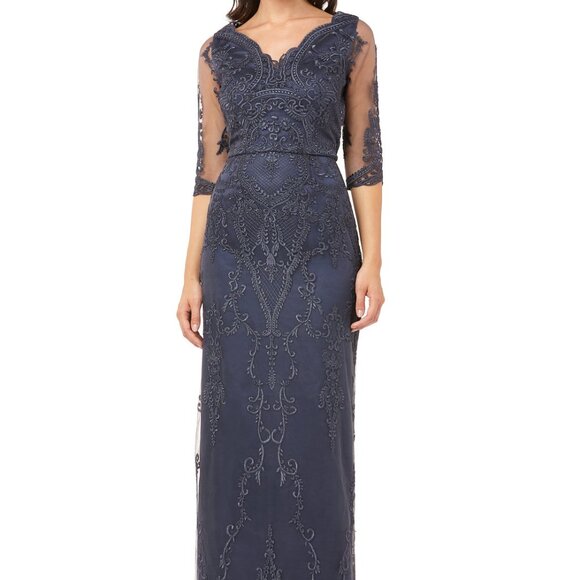 JS Collection Mineral Blue Scallop V Neck Embroidered Mesh Gown - Picture 1 of 4